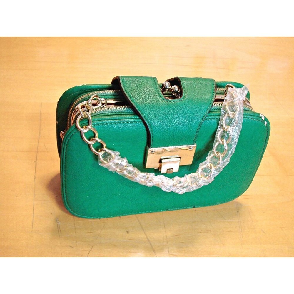 Ana Luxory Green Satchel Crossbody Handbag Gold Hardwr Kiss Lock Double Zip 8x6"